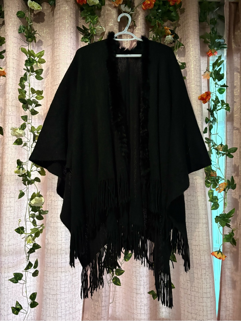 Women's Black Fringe Open-Front Wrap Coat